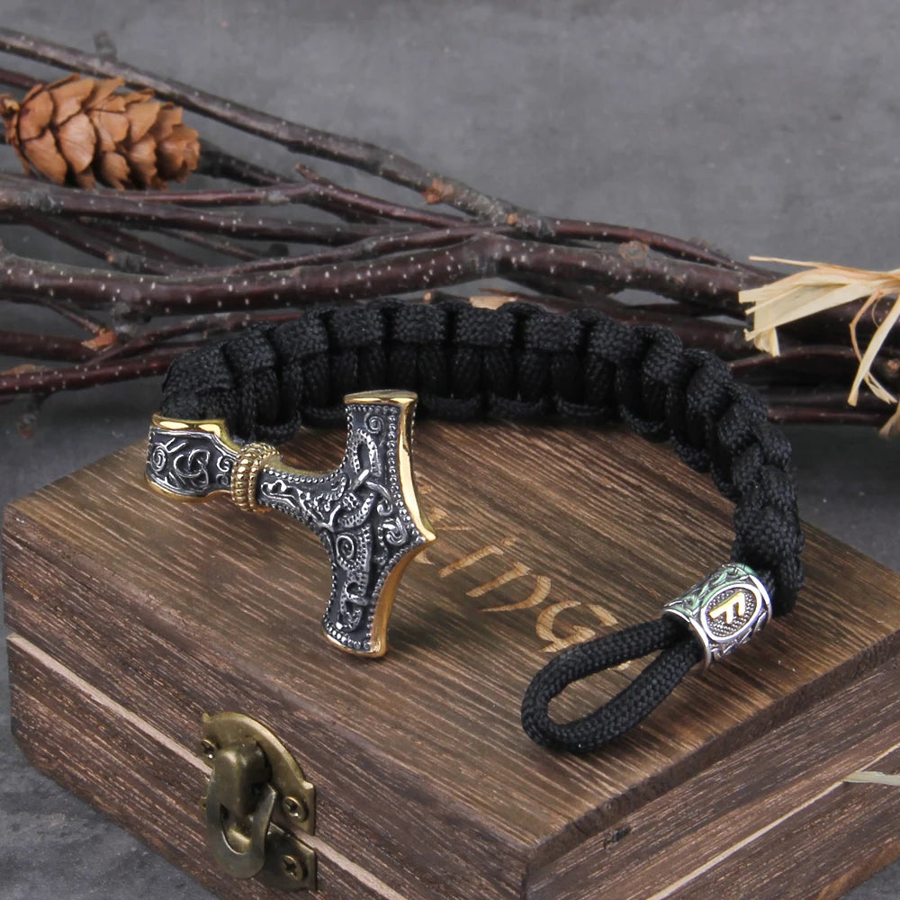 Bracelet en cuir Viking Mjolnir pour homme en acier inoxydable, bracelet marteau de Thor, mythologie nordique, runes, amulette, bijoux avec boîte en bois