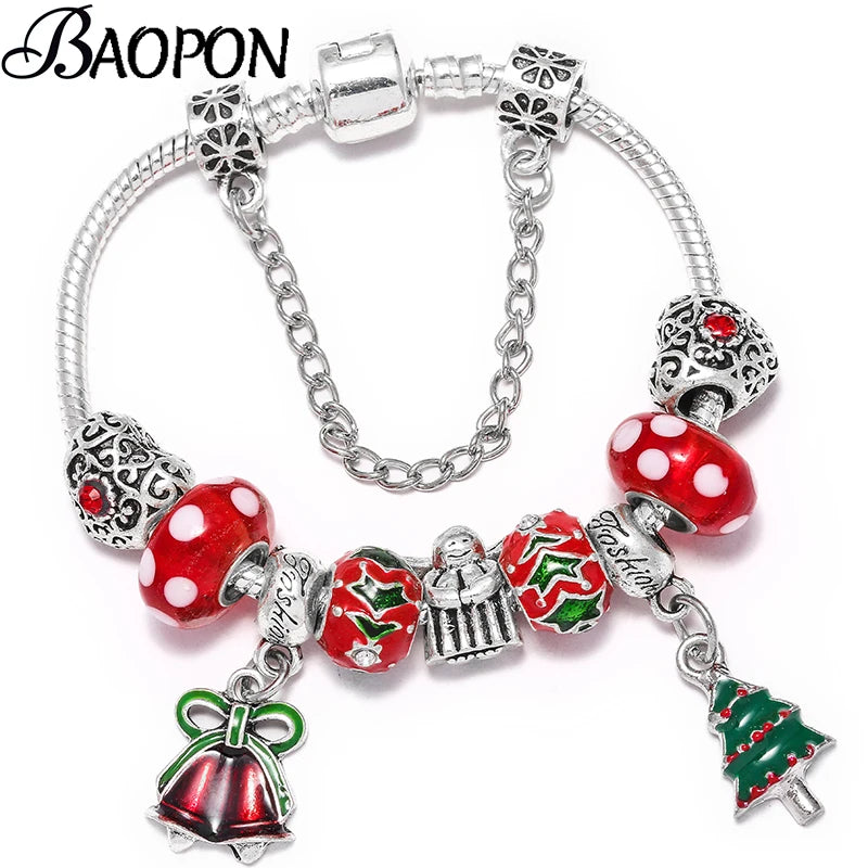 Christmas Tree & Bell Pendant Charm Bracelet Silver Color Bracelet For Women Kids DIY Handmade Xmas Jewelry Gift