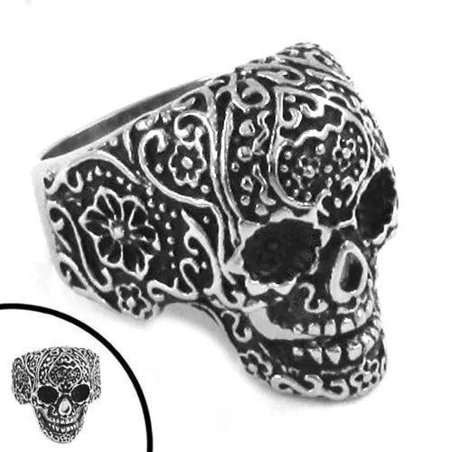 Gothic Garden Flower Skull Biker Ring Stainless Steel Jewelry Fashion Punk Blue Skull Ring For Man Wholesale SWR0228A