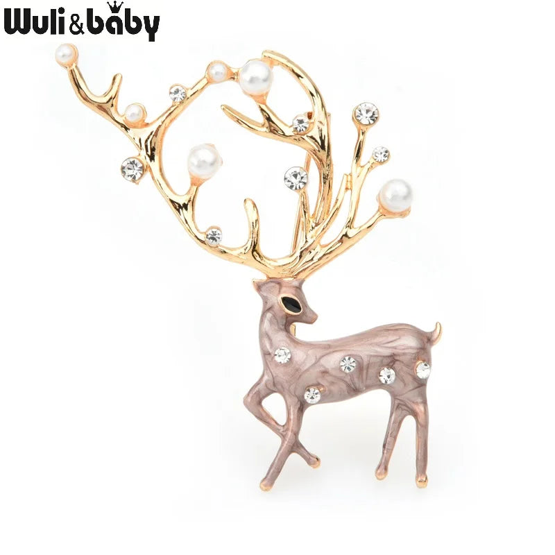 Wuli&baby Red Brown Enamel Deer Brooches Women Alloy Pearl Elk Animal Brooch Pins Gifts