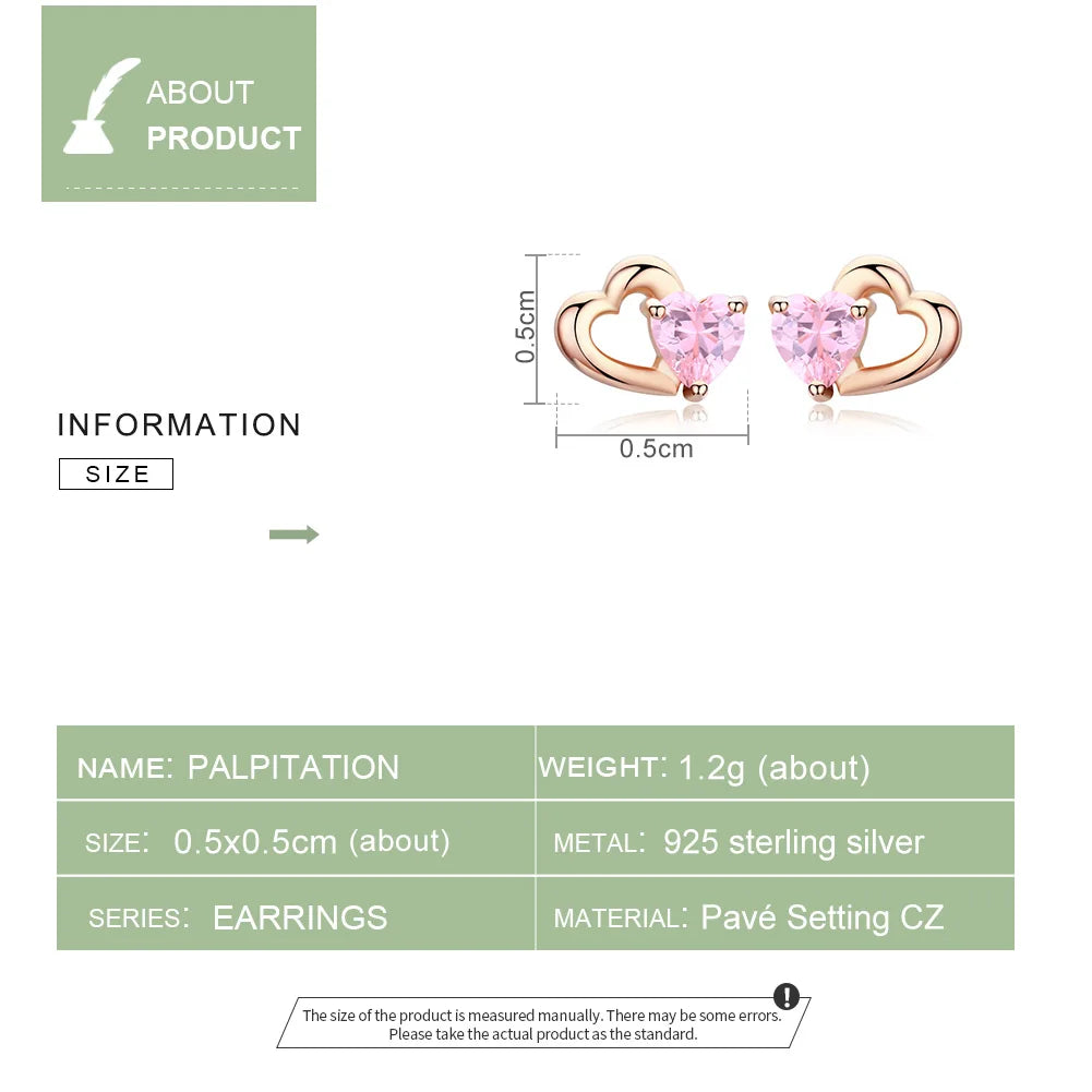 Heart Earrings BISAER 925 Sterling Silver Romantic Love Heart Small Stud Earrings For Women Pink Zircon Wedding Jewelry ECE090