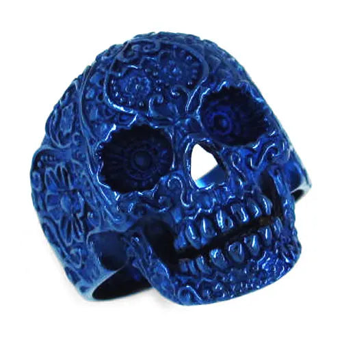 Gothic Garden Flower Skull Biker Ring Stainless Steel Jewelry Fashion Punk Blue Skull Ring For Man Wholesale SWR0228A