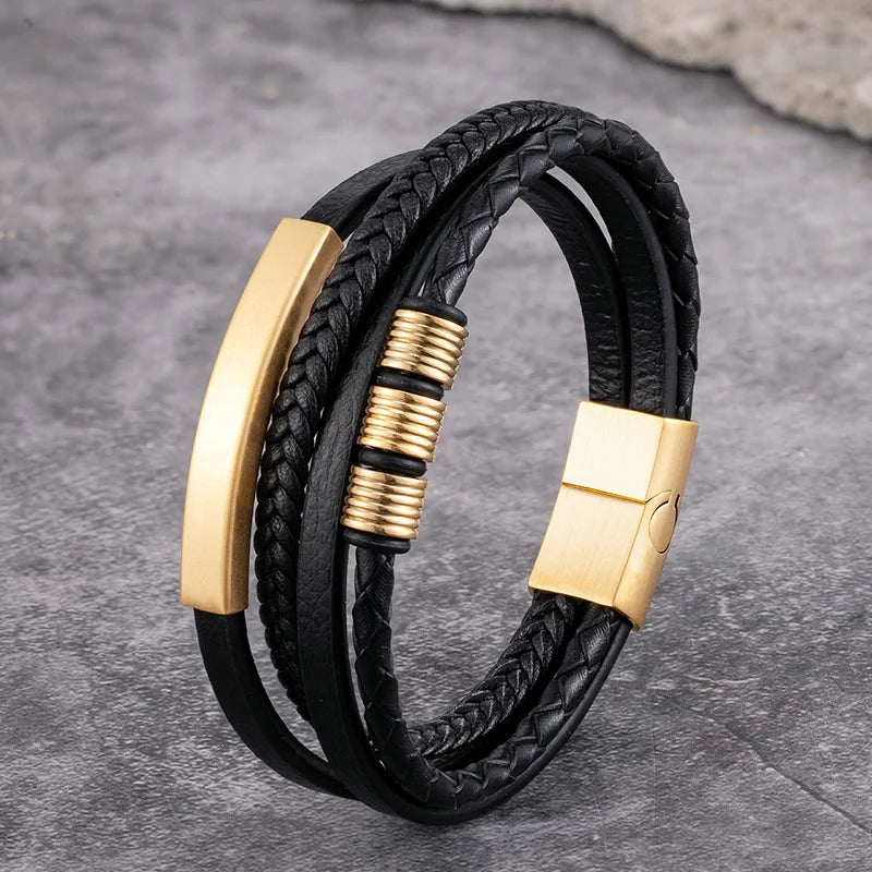 MKENDN Punk Men Multilayer Braid Genuine Leather Bracelet Titanium Stainless Steel Magnetic Buckle Bracelet Homme Pulseras