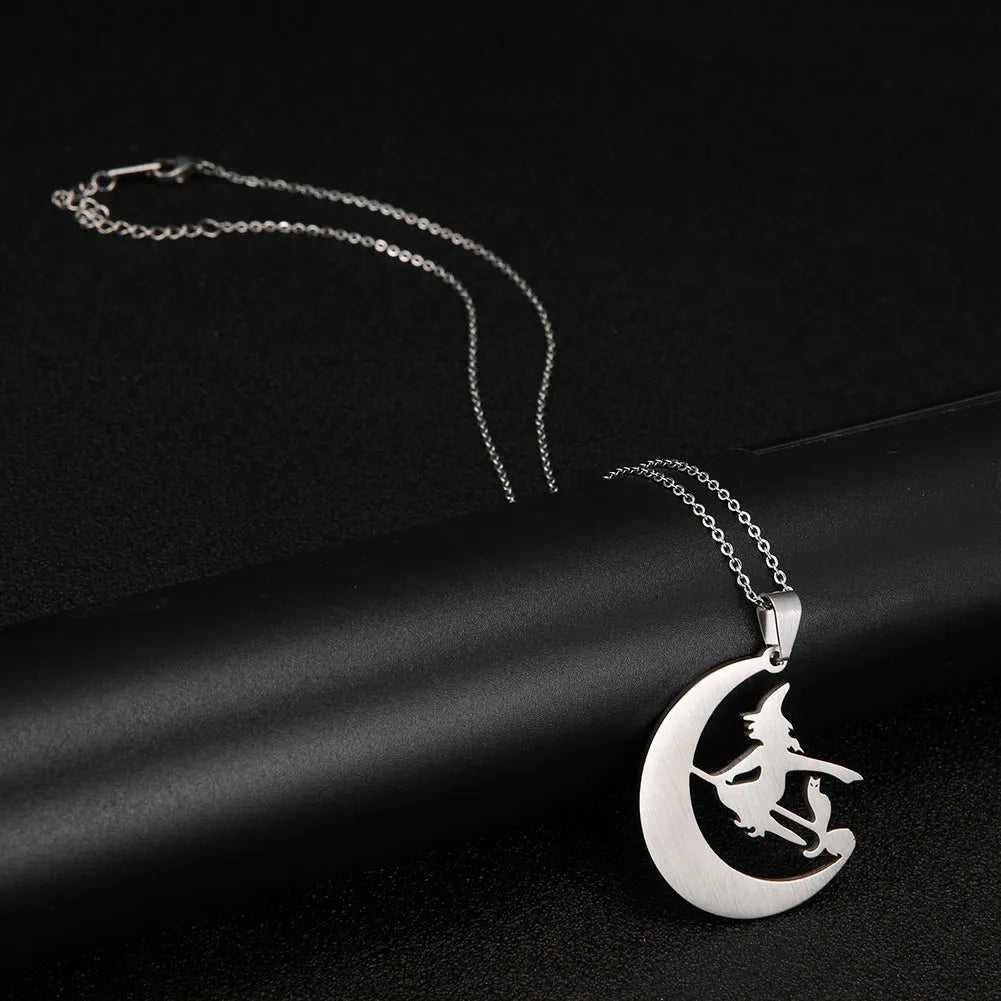 Cazador Magic Witch Fairy Moon Pendant Necklaces For Women Halloween Broomsticks Stainless Steel Chain Necklace Jewelry Gifts