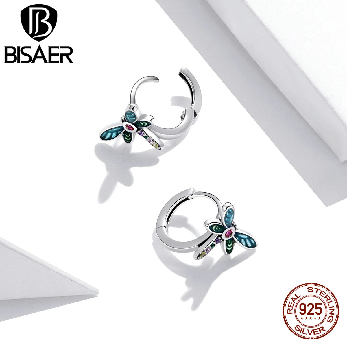 BISAER 925 Sterling Silver Clear CZ Dragonfly Earring For Women Summer New Stud Earrings Green Fashion Silver Jewelry ECE1172