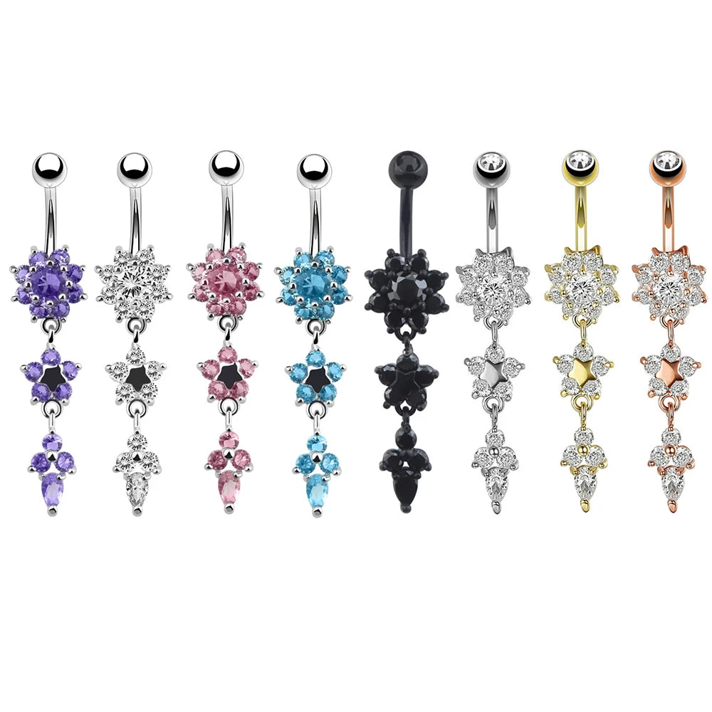 Hot Sexy Dangled Stainless Steel Belly Button Rings 10 Colors Flower Navel Piercing Ombligo Women Earrings Piercing Body Jewelry