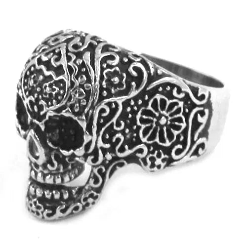 Gothic Garden Flower Skull Biker Ring Stainless Steel Jewelry Fashion Punk Blue Skull Ring For Man Wholesale SWR0228A