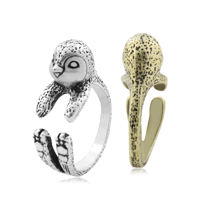 New Fashion Vintage Silver Plated Punk Penguin Couple Rings For Women Gothic Cute Animals Ring Men Anel Boho Jewelry Love Gift