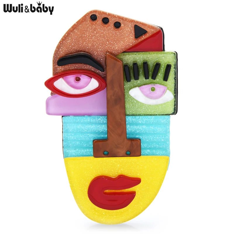 Wuli&baby Acrylic 4 Color Famous Painting Face Brooch Pin Women Fashion Jewelry Accessory 2024 Gift