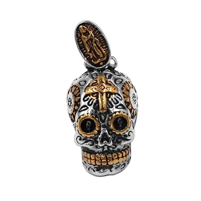 Gold Virgin Mary Cross Kapala Skull Biker Pendant Stainless Steel Necklace Mens Jewelry SWP0524A