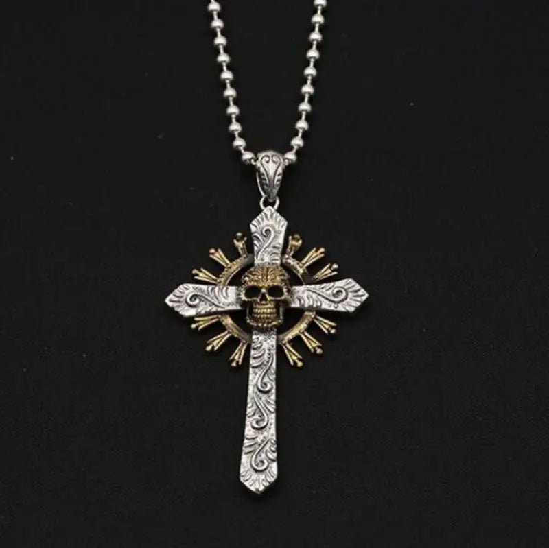 Retro Gothic Totenkopf Kreuz Anhänger Gold Farbe Halskette Herren Persönlichkeit Kreativer Schmuck Halloween Geschenk