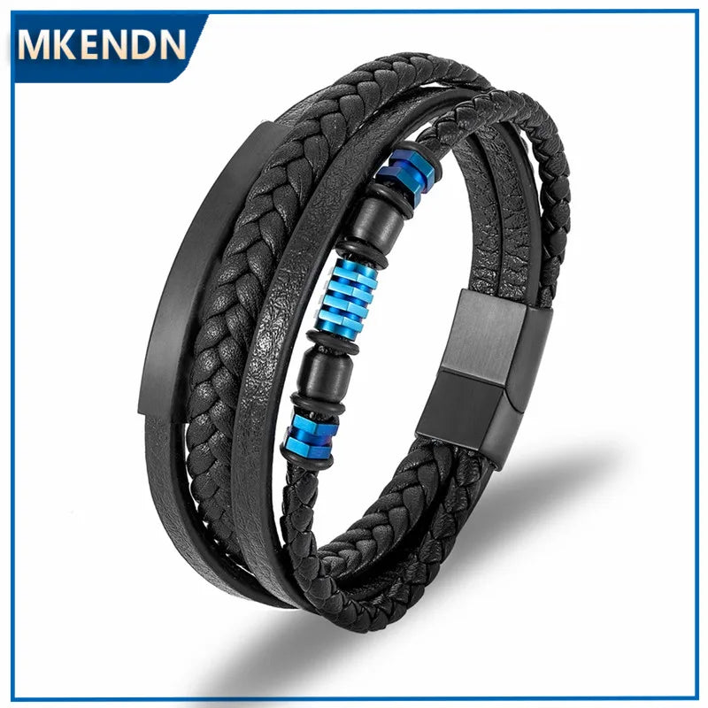 MKENDN Punk Style Men Multi-layer Combination Accessory Stainless Steel Men's Leather Bracelet Boyfriend Luxury Classic Gift