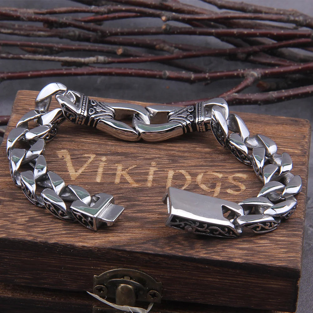 Vikings Stainless Steel Bracelet 12mm Curb Cuban Chain Silver Color Bracelets for Men Women Factory Offer with box