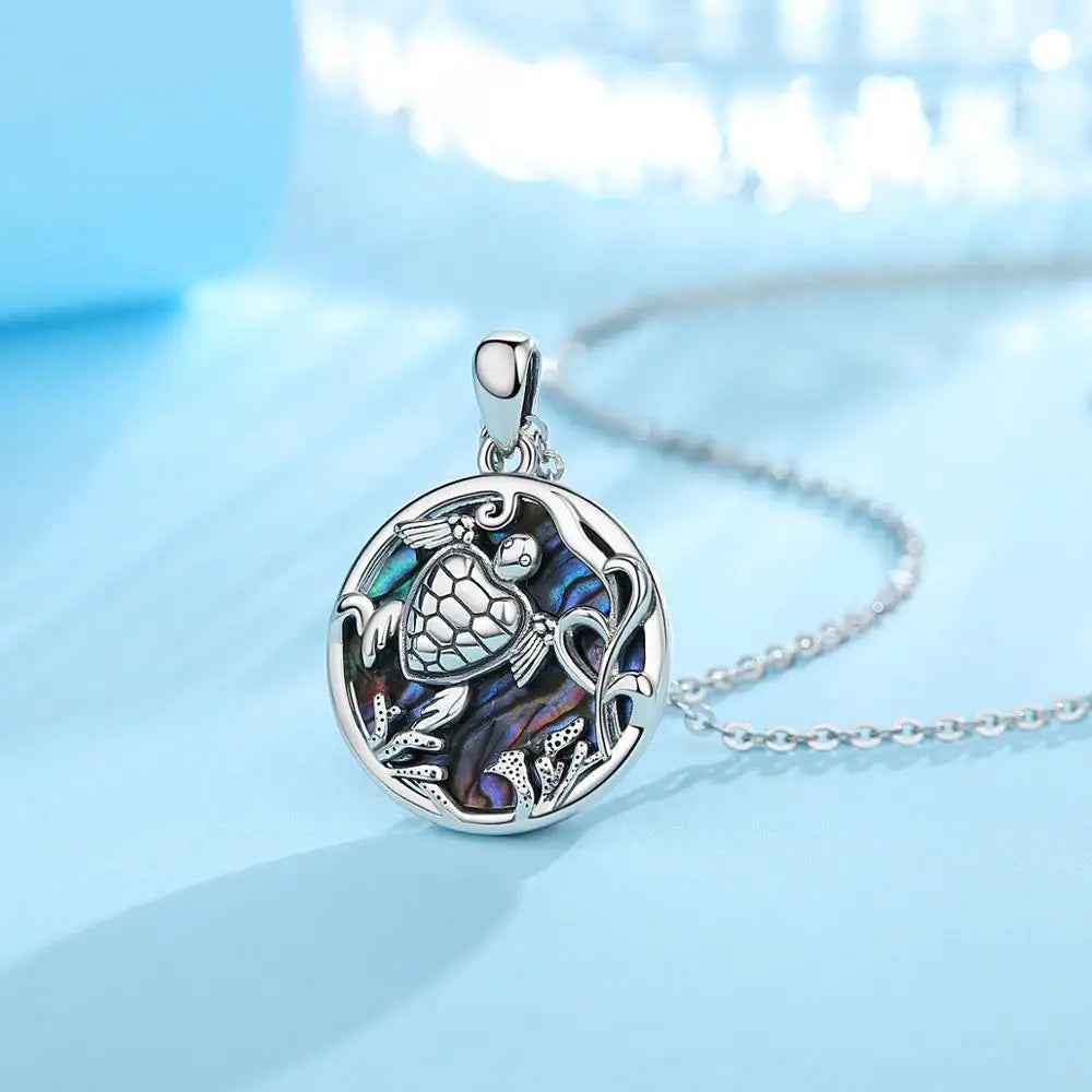 Eudora 925 Sterling Silver Ocean sea turtle Pendant Necklace with Mother of silver animal Blue colorful fine Jewelry for women