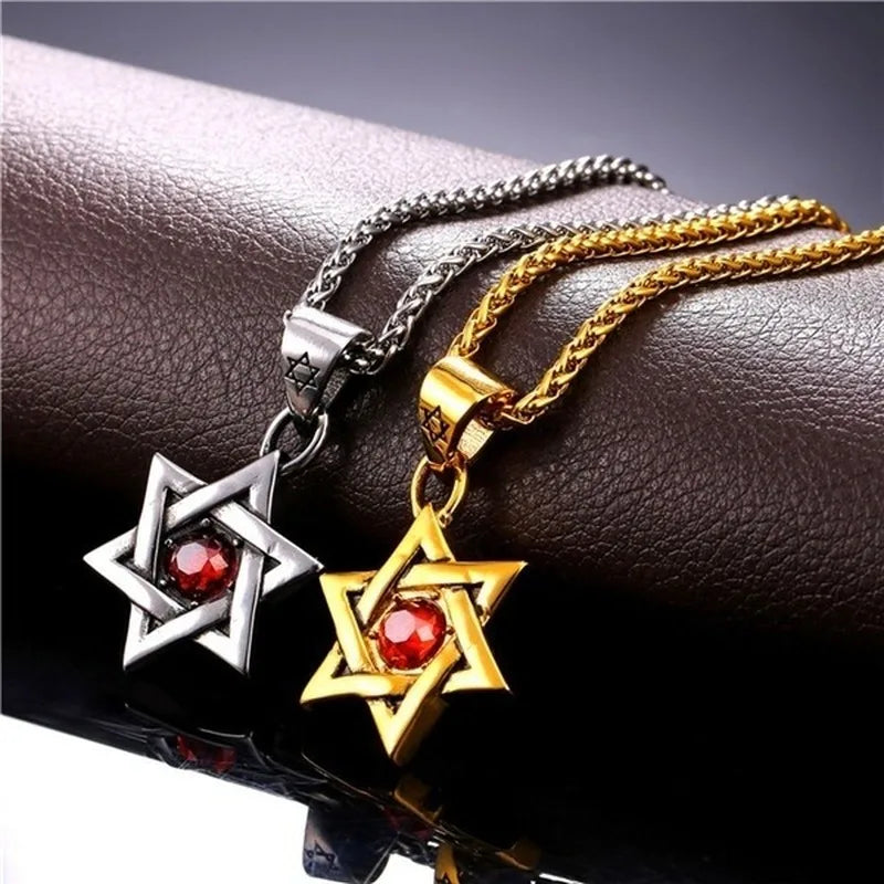 Classic Punk Mysterious Style David Star Pendant Gold Plated Chain Necklace Men and Women Amulet Jewelry