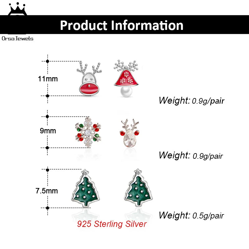 ORSA JEWELS Cute Xmas 925 Sterling Silver stud earrings for Women Girls Snowman Christmas Tree Jewelry Christmas Gifts HOE06