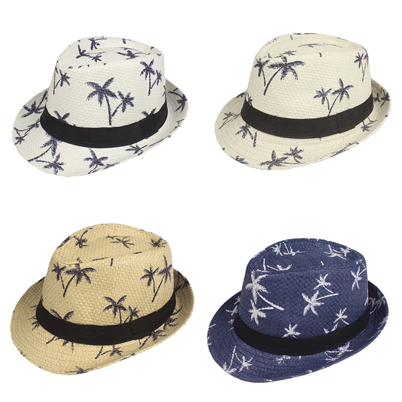 Summer Children Straw Hat Print Baby Hats Kids Boys Panama Jazz Hat Outdoor Sun Beach Cap