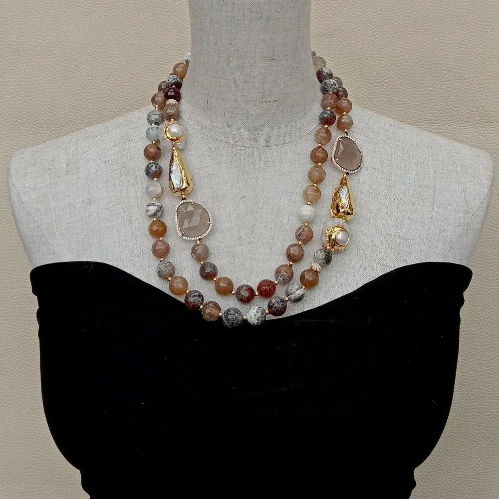 Y·YING 2 Strands 12mm Faceted Round Brown Fire Agates Crystal Pearl Quartz Druzy Choker Necklace 21"