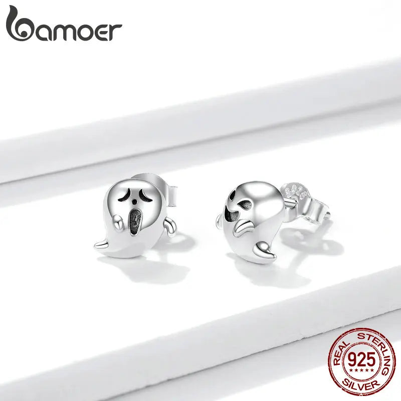 bamoer Vintage 925 Sterling Silver Ghost Witch Halloween Pumpkin Stud Earrings for Women Party Jewelry BSE537