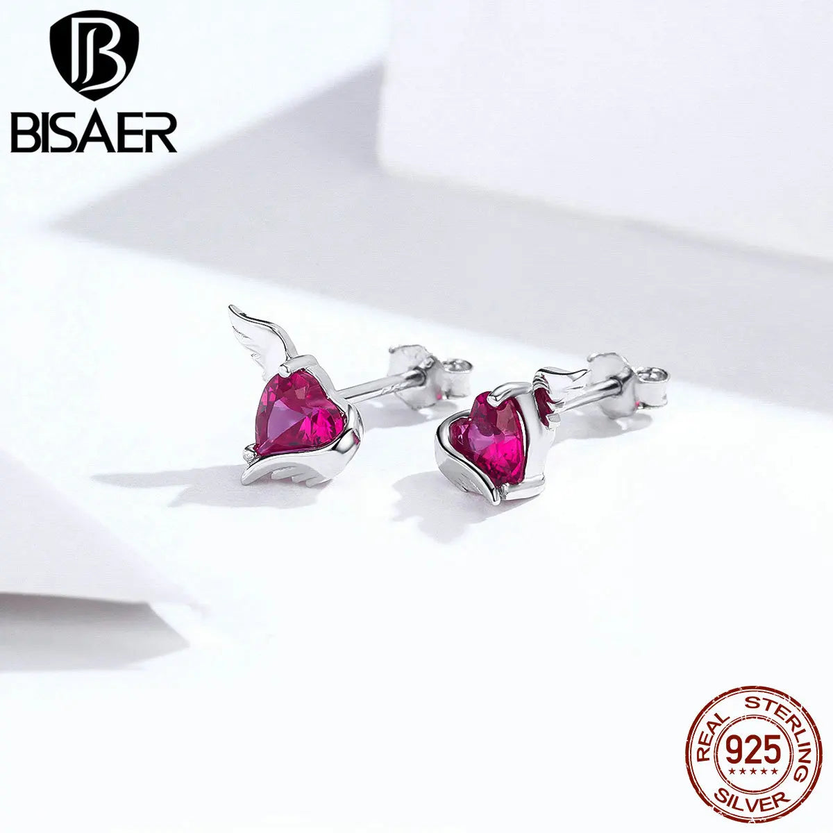 Valentine Gift BISAER 925 Sterling Silver Guardian Angel Heart Small Stud Earrings Stud For Women Luxury Silver Jewelry ECE690