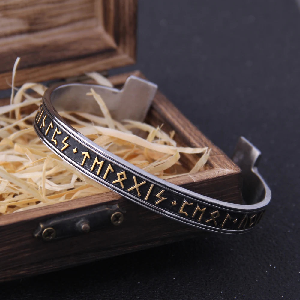 1pc Stainless Steel Men's Handmade Nordic Rune Bangle Viking Never Fade with wooden box as gift