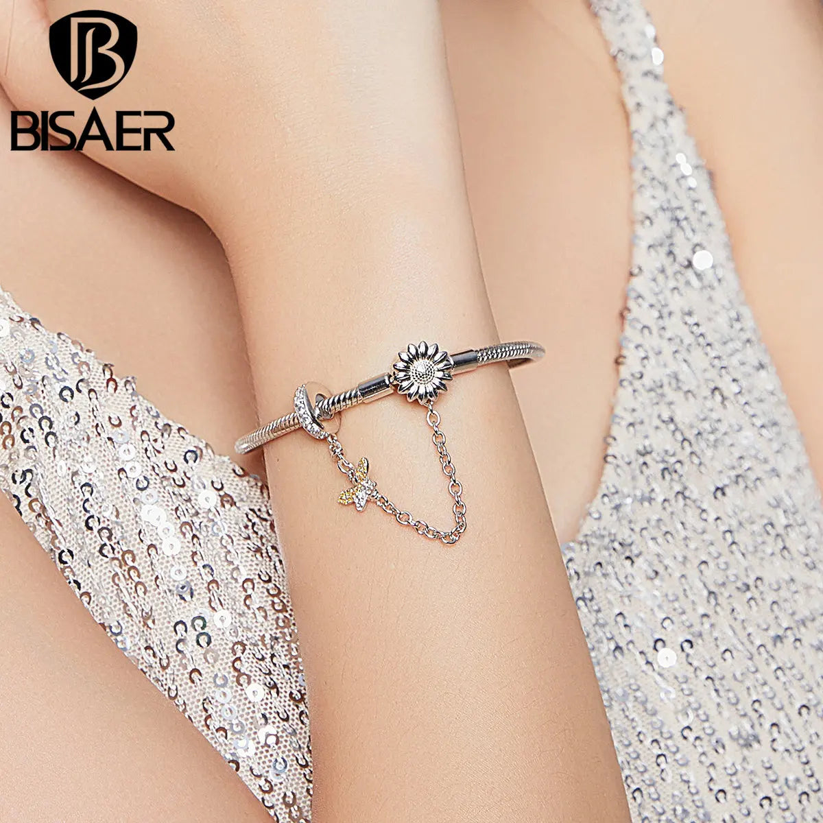 BISAER 925 Sterling Silver Daisy Flower Bee Safety Chain Snake Bracelet Plated White Gold Bracelet Fine Jewelry Accessories