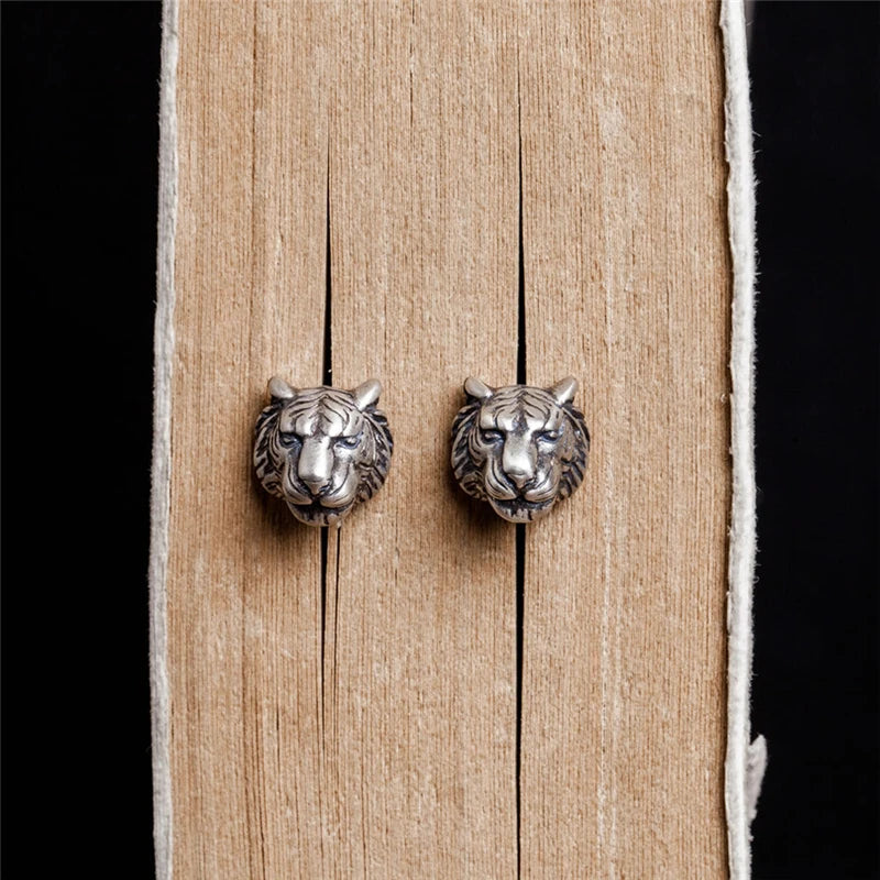 MKENDN 925 Sterling Silver Creative Retro Tiger Head Stud Earring Trendy Animal Punk Style Ear Pin for Men Women Fine Jewelry