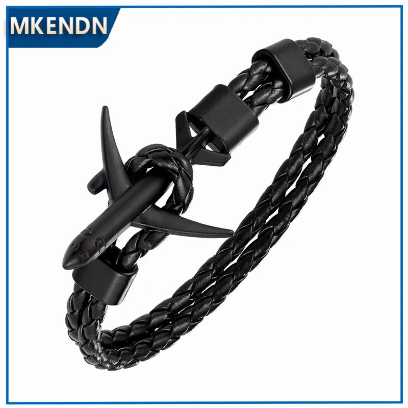 MKENDN Fashion Airplane Anchor Bracelets Women Charm Leather Bracelets Men Metal Hooks Hope Homme Jewelry Aviation Style