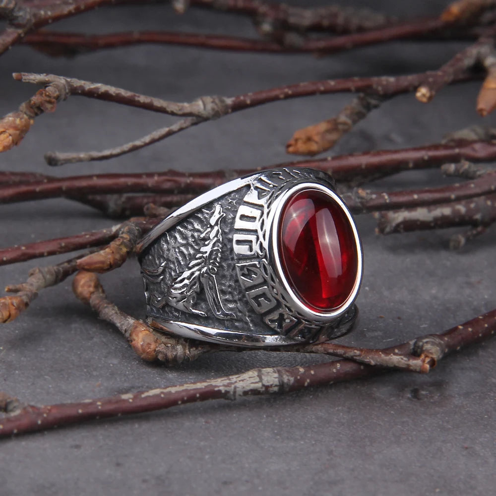 2020 Hot Selling Stainless Steel Red Stone Ring Viking raven and wolf ring never fade rune ring as men gift