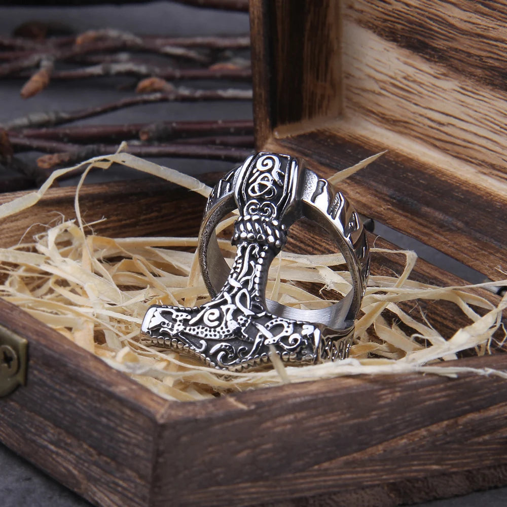 Nordischer Wikinger-Ring aus Edelstahl mit Thorshammer