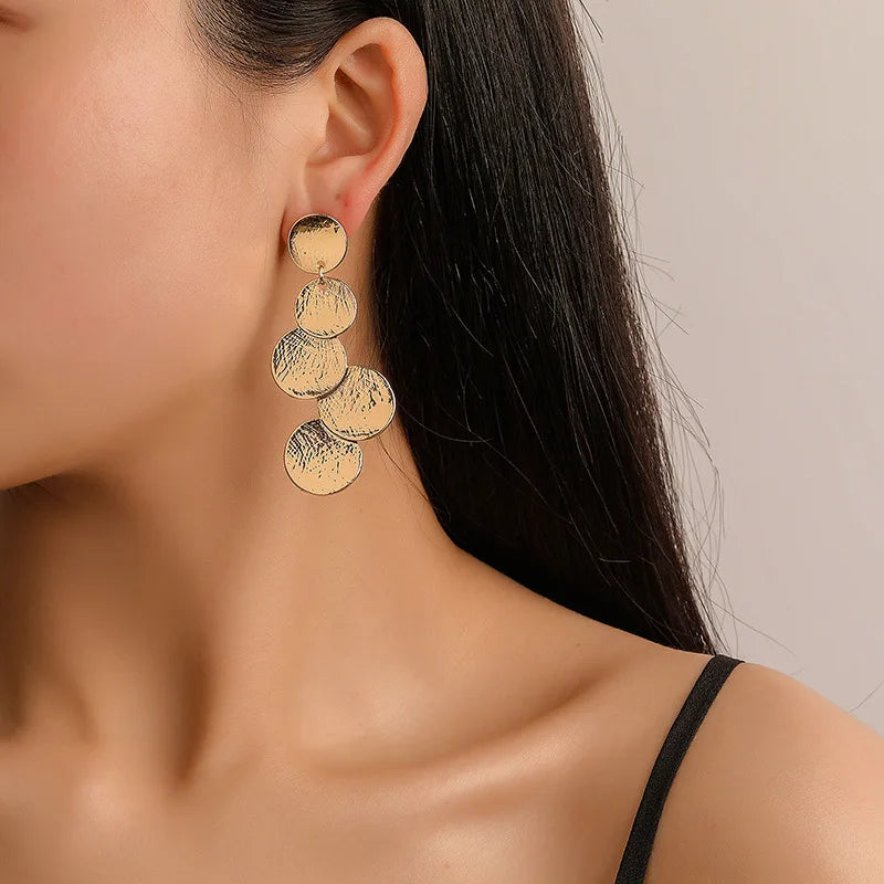 European Exaggerated Irregular Uneven Drop Earrings for Female Disc Multi-layer Ladies  Round Long Earrings Boho Ear Jewelry