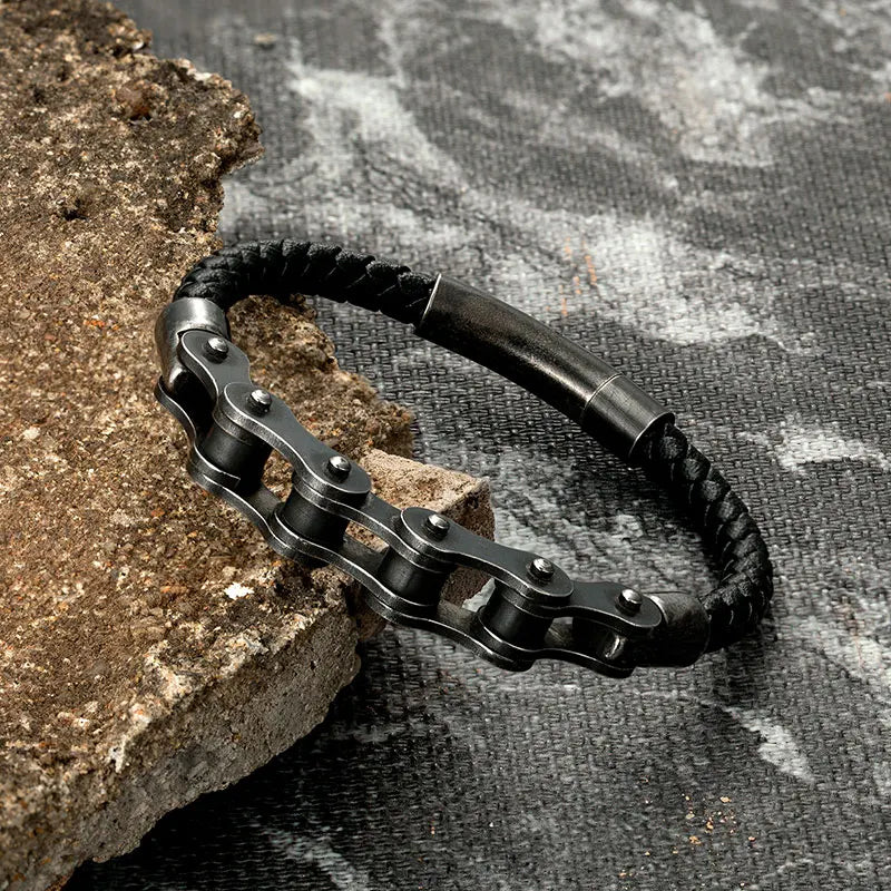 MKENDN Vintage Oxidized Black Stainless Steel Men Bracelet Cycling Bicycle Chain Link Men's Bracelets & Bangles Leather Jewelry