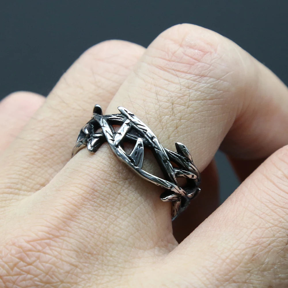 Bague rétro en acier inoxydable pour homme avec branche d'olivier et épines, style punk, simple et créatif, bijou de motard, idée cadeau