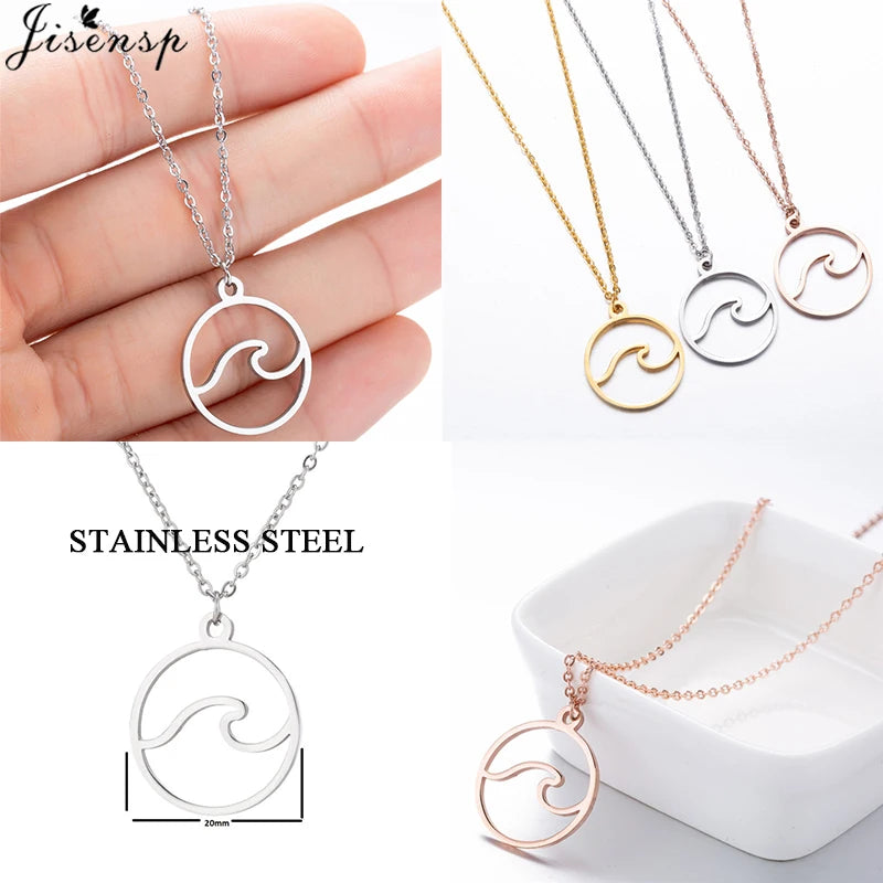 Jisensp Bohemian Wave Pendant Necklace Stainless Steel Jewelry Necklace for Women Beach Surfer Charms Collar Bijoux Femme