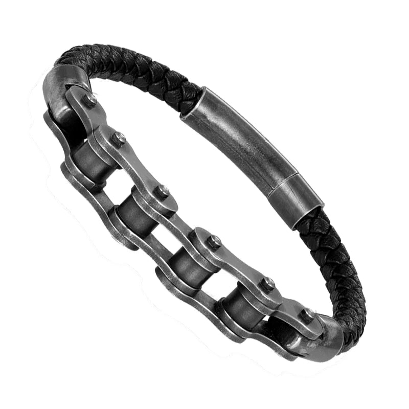 MKENDN Vintage Oxidized Black Stainless Steel Men Bracelet Cycling Bicycle Chain Link Men's Bracelets & Bangles Leather Jewelry