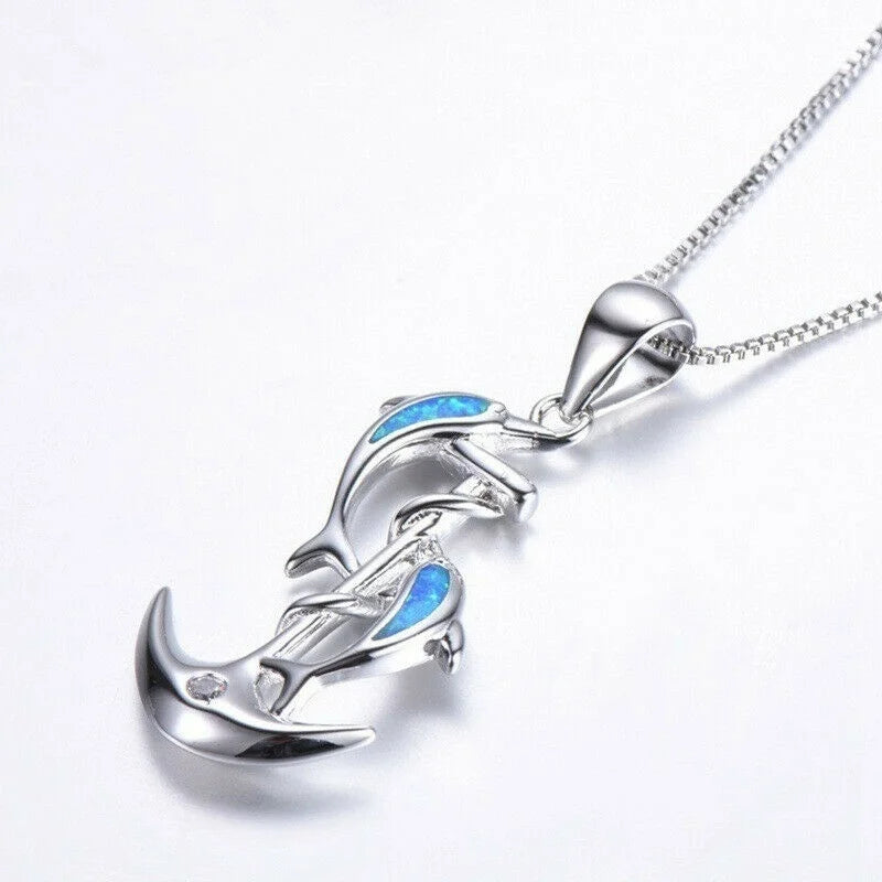 Fashion Lady Silver Dolphin Blue Simulated Opal Pendant Necklace Jewelry