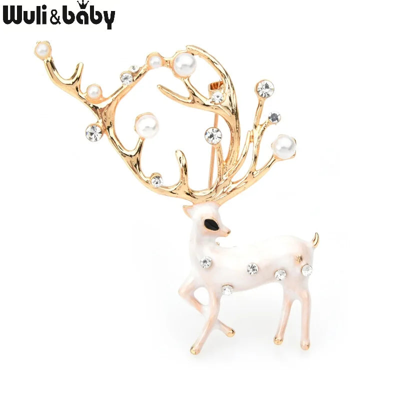 Wuli&baby Red Brown Enamel Deer Brooches Women Alloy Pearl Elk Animal Brooch Pins Gifts