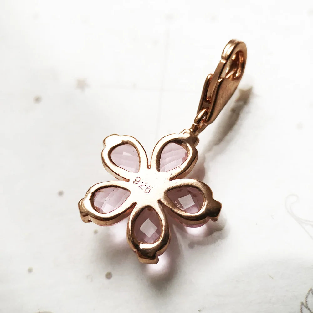 925 Sterling Silver Pink Flower Pendant Charm Trendy Women Girls Fashion Jewelry Romantic Lucky Gift