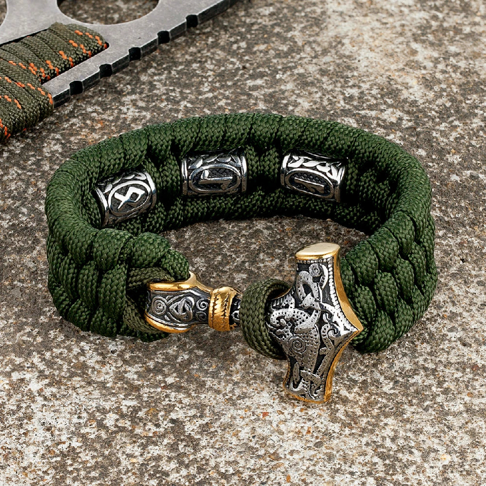 MKENDN Thor's Hammer Viking Bracelet Mjolnir Scandinavian Runes Amulet Beads Survival Bracelets Men Women Handmade Amulet  Jewel