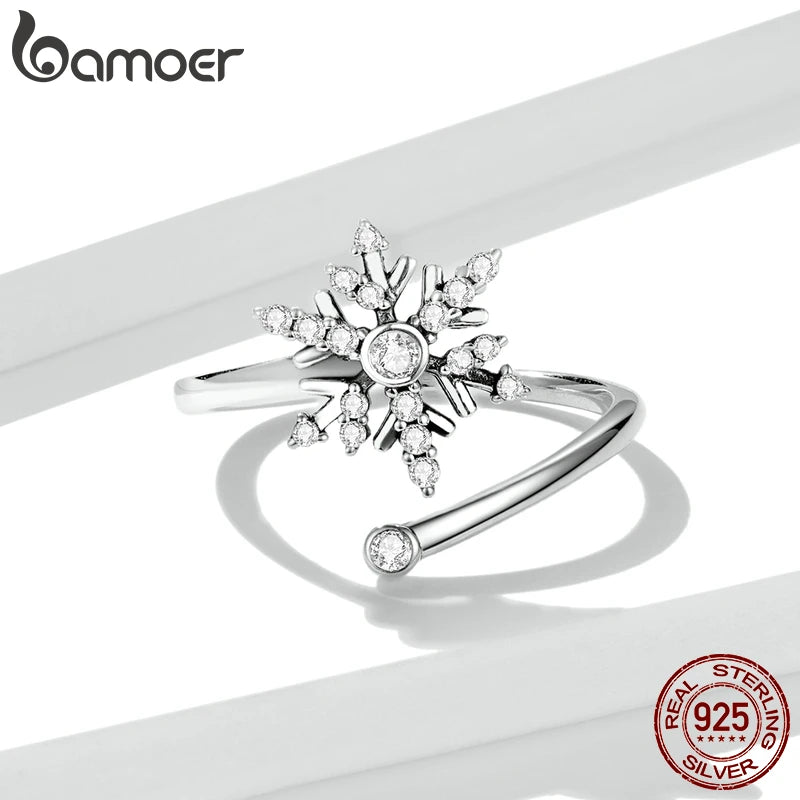 White Crystal 925 Sterling Silver Snowflake Open Ring for Women Winter Christmas Gift Engagement Jewelry Adjustable Ring - Madeinsea©