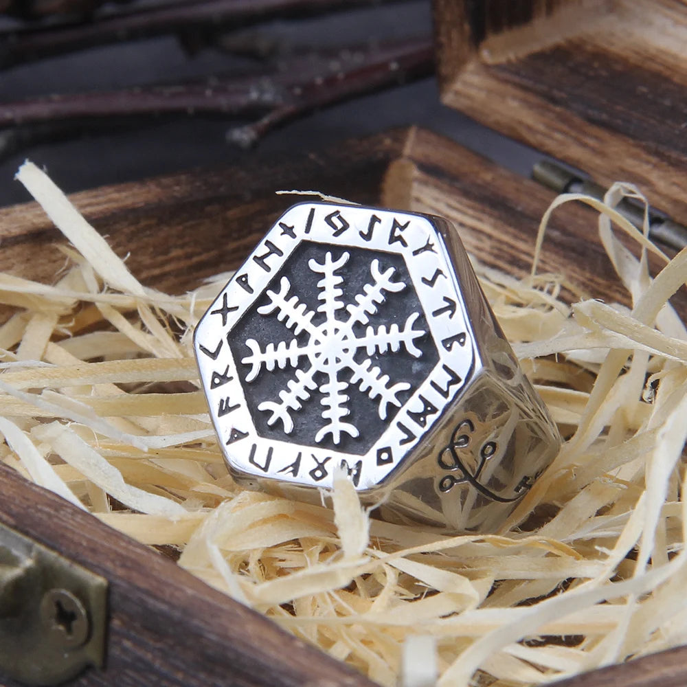 Viking Compass Vegvisir Aegishjalmur Runic Statement Ring Mens Vintage Nordic Viking Totem Odin Biker Rings Jewelry