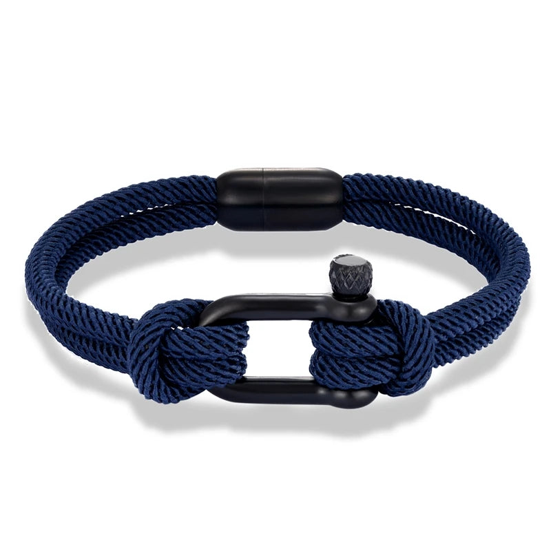 MKENDN Men Nautical Double Strand U Shape Shackle Survival Emergency Rope Bracelet With Black Stainless Steel Magnet Buckle