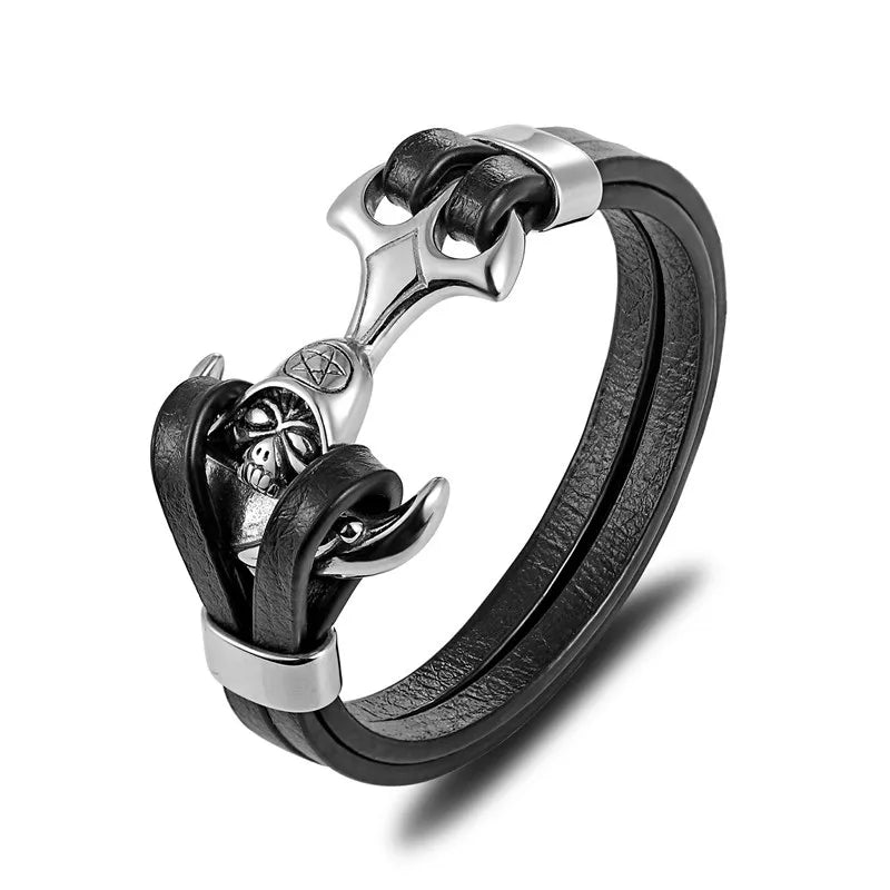 MKENDN Wholesale Punk Multi-layer Stainless Steel Genuine Leather Anchor Skull Bracelet Men Casual Pulseira