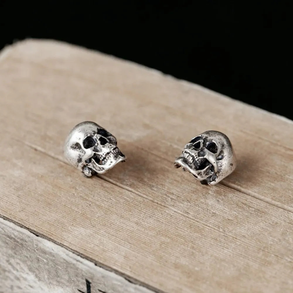 100% 925 Sterling Silver Creative Retro Skull Stud Earring Trendy Street Punk Style Ear Pin for Men Women Fine Jewelry