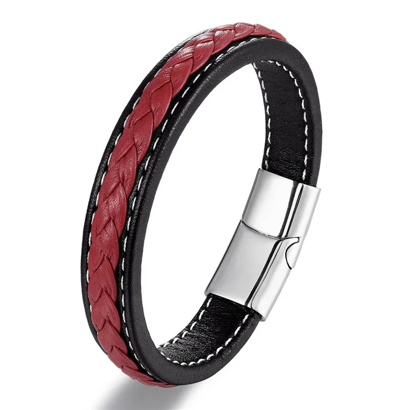 MKENDN Punk Men Jewelry Black Blue Braided Leather Bracelet Stainless Steel Magnetic Clasp Fashion Bangles Male Jewelry