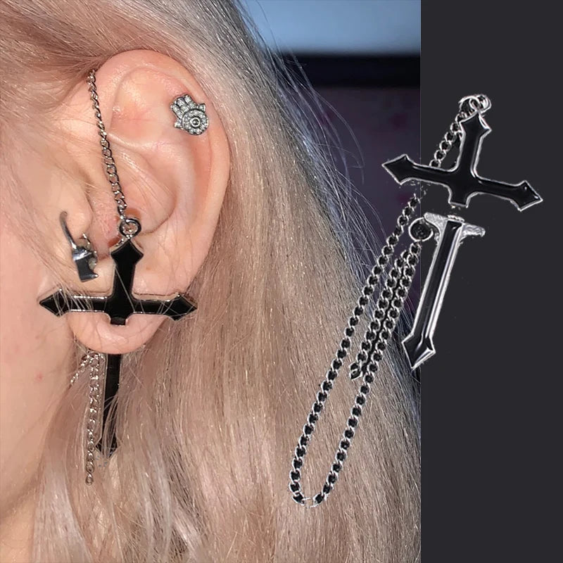 Madeinsea 2pcs Vintage Black Cross Earrings Punk Goth Long Chain Harajuku Streetwear unisex Stud Earrings for Women Men Korean Jewelry