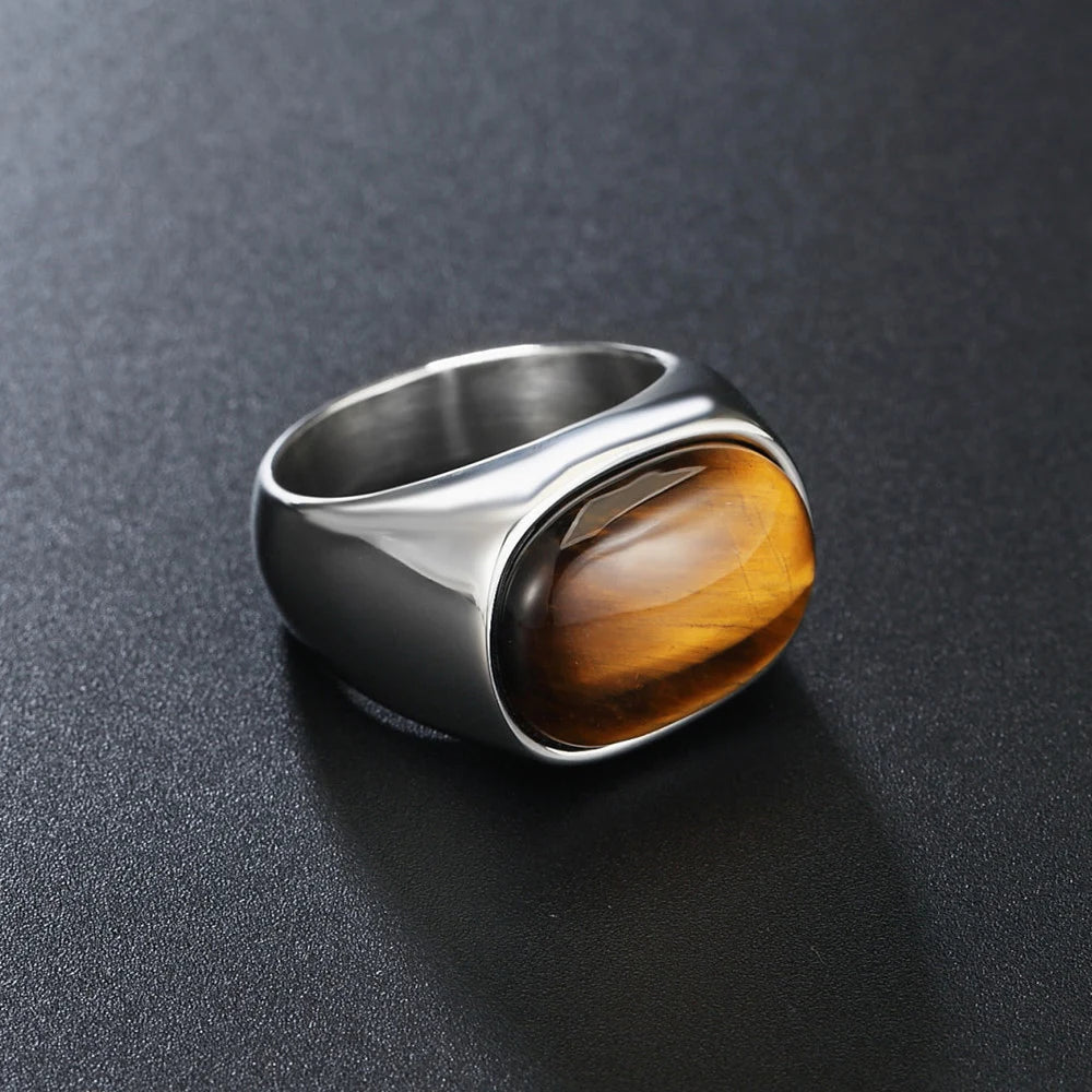 Gold/steel Color Retro Tiger Eye Brown Stones Rings For Men Women Classic Elegant Simple Stainless Steel Stone Ring Jewelry Gift