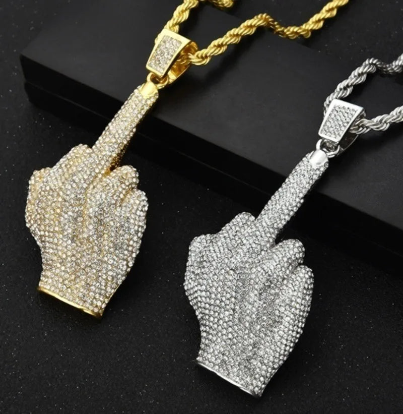 Exquisite Zircon Friendly Gesture Middle Finger Pendant Necklace Men Women Hip Hop Rock Party Jewelry