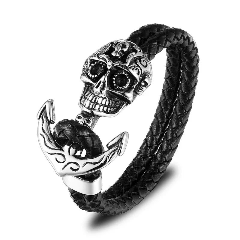 MKENDN Wholesale Punk Multi-layer Stainless Steel Genuine Leather Anchor Skull Bracelet Men Casual Pulseira