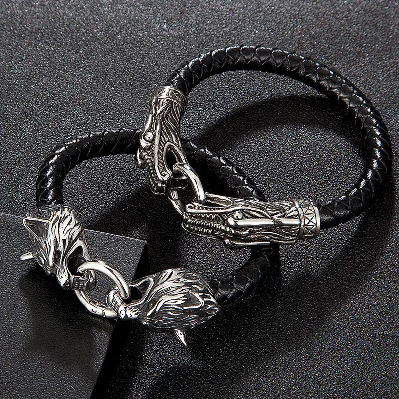 MKENDN Classic Animal Viking Double Dragon Wolf Head 316L stainless steel Men's Leather Bracelet Fashion Punk Jewelry Pulseras